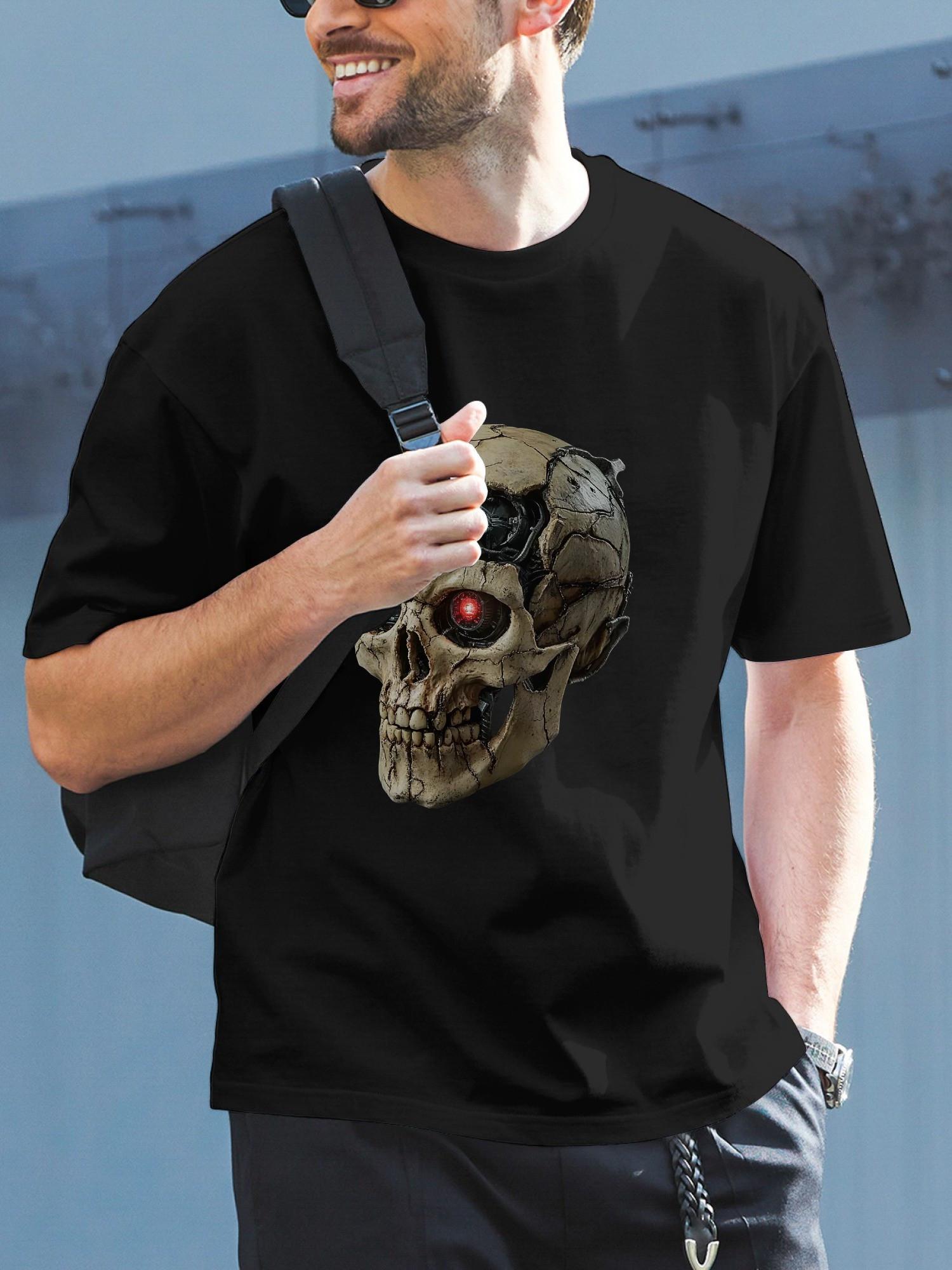 Cyberpunk Skull Graphic T-shirt - Glowing Red Eye & Menacing Grin Design S