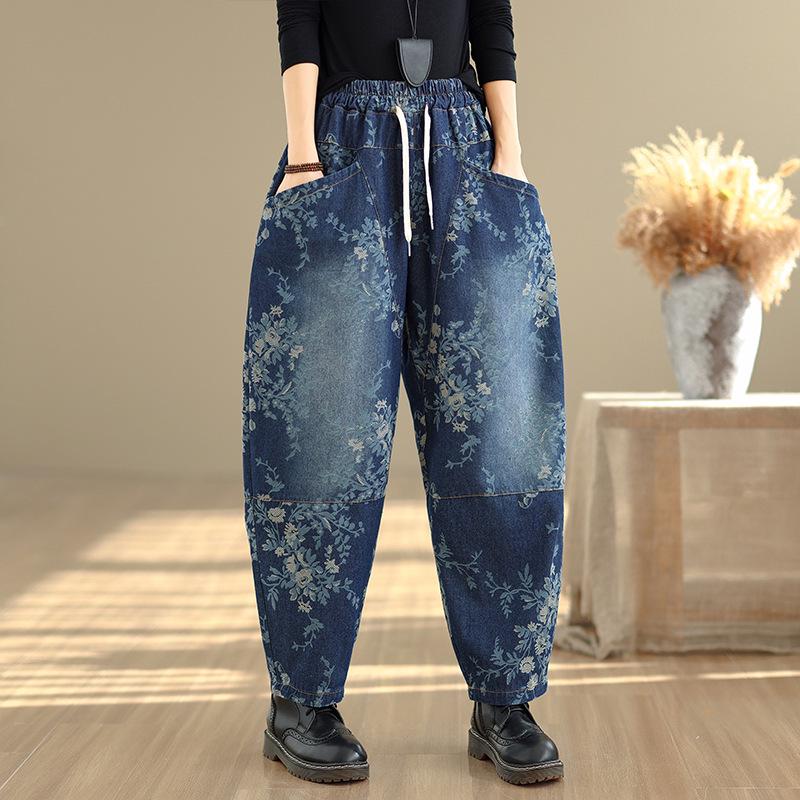 2026 Retro Print Plus Size Wide-Leg Harem Pants Medium