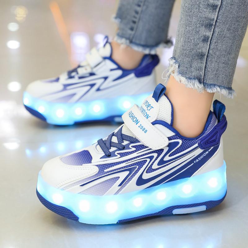 Kids Glowing Sneakers Rubbing Shoes Charging and Disassembling Four Wheels Slide Shoes LED Kids Glowing Sneakers