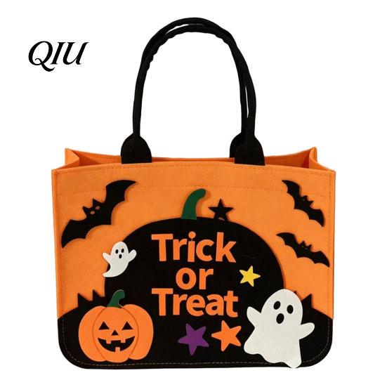 Non-woven Felt Tote Halloween Trick or Treat Bag, Goodie Bag with Pumpkin Ghost Patches, Child-friendly Large Candy for Kids, Party Favor,