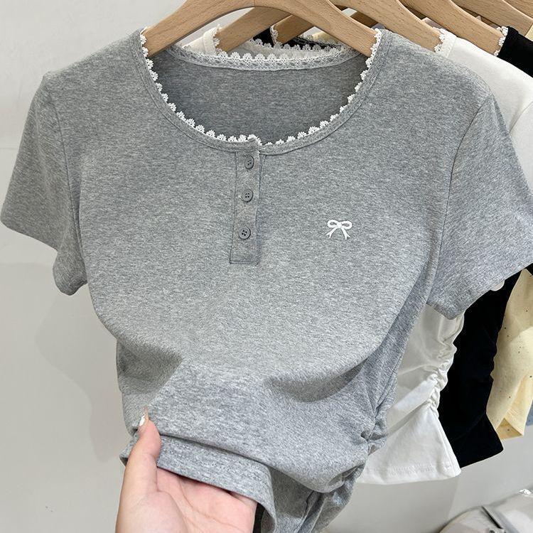 

Женская летняя футболка 2025 года с плиссировкой, кружевом и бантом, с коротким рукавом Medium серый