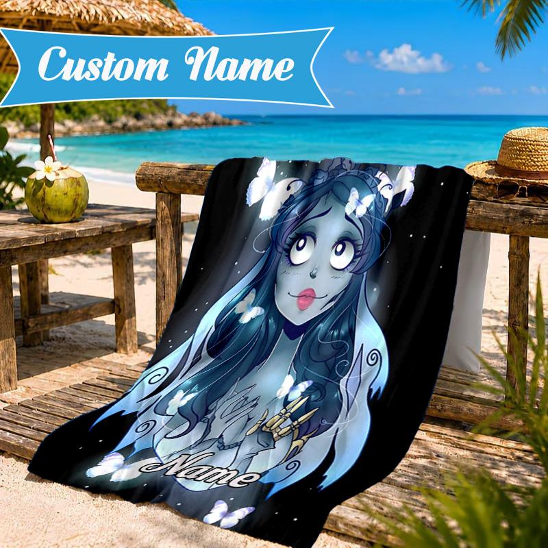 Custom Name Corpse Bride Art Heart In Space Adventure Microfiber Beach Towel, Lightweight for Summer Travel, Swimming Pool Fan Gift