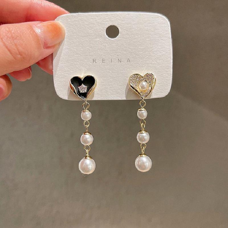 S925 Sterling Silver Asymmetrical Pearl Heart Tassel Earrings for Women - Elegant Autumn/Winter Jewelry Electroplated