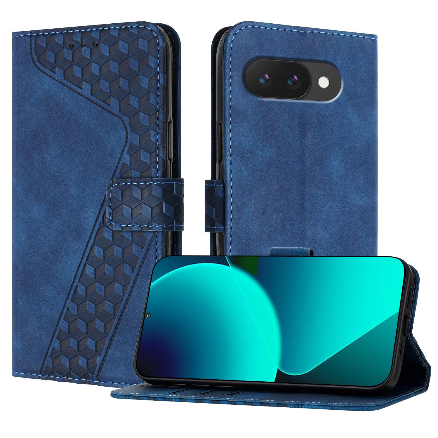 

For Google Pixel 9a Leather Case 7-Shaped Pattern Wallet Stand Shockproof Phone Cover Blue