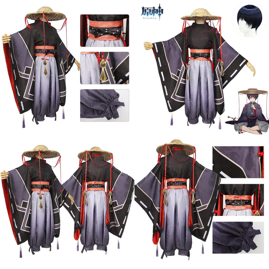 Original Genshin Impact Black Main Cosplay Costume Set Polyester Fabric Game Theme Characters)