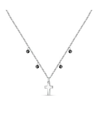 Steel Cross Necklace With Clear Zircon And Black Beads LPS10ASF07 For Women