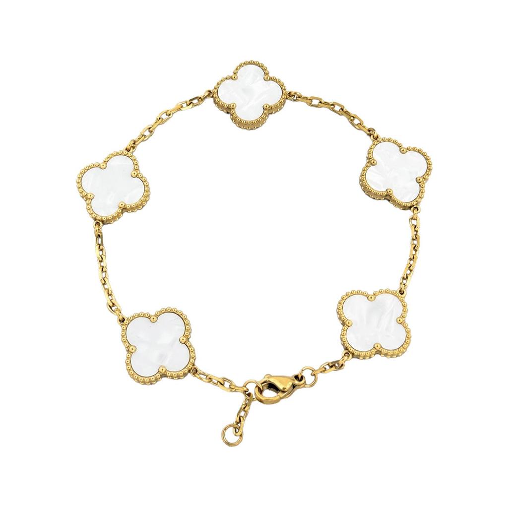 Bracciale Quadrifoglio in Acciaio al Titanio da 15 mm Bracciale Cinque Fiori di Alta Qualità Placcato Oro 18K Inossidabile Bracciale da Donna
