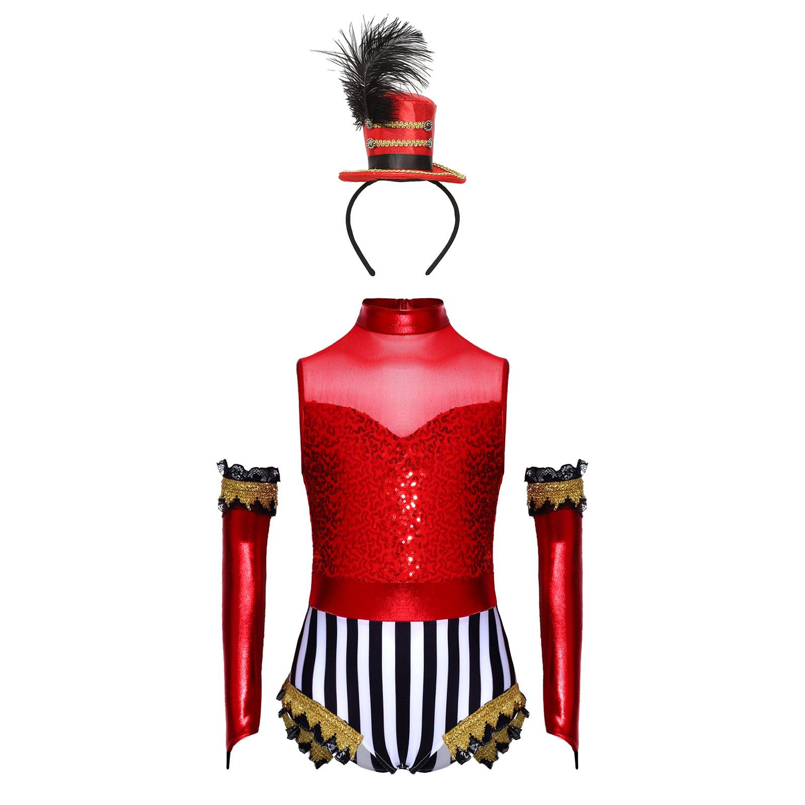 

Girls Circus Costume Set Sequins Mock Neck Sleeveless Jumpsuit Press Buttons Metallic Oversleeve Top Hat 5-6 Years