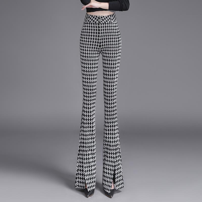 Checkered High Waist Flare Pants for Women - Slimming Retro Drape with 2025 Spring Style and Split Micro Flare Design. XL