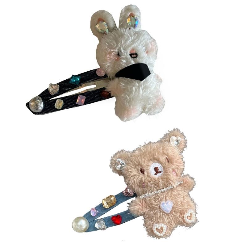 Plush Rabbit/Bear Shape Hair Clip Spring Summer Headwear for Woman Girls Bangs Taking Photo Shopping Travel Anti-Slip