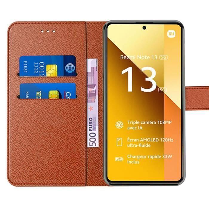 Coque + 2 Verres Trempés - E.F.Connection - Redmi Note 13 5G - Etui Magnétique Antichoc - Cuir PU - Marron