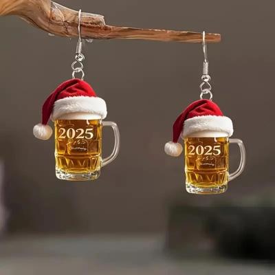 2025 Christmas Beer Mug Acrylic Earrings New Year Design High-end Earrings