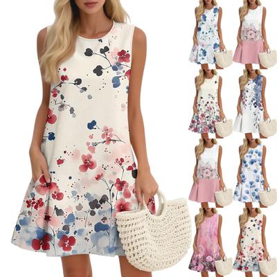 Women's Casual Fashion Breathable Round Neck Vest Floral Holiday Dress With Pockets