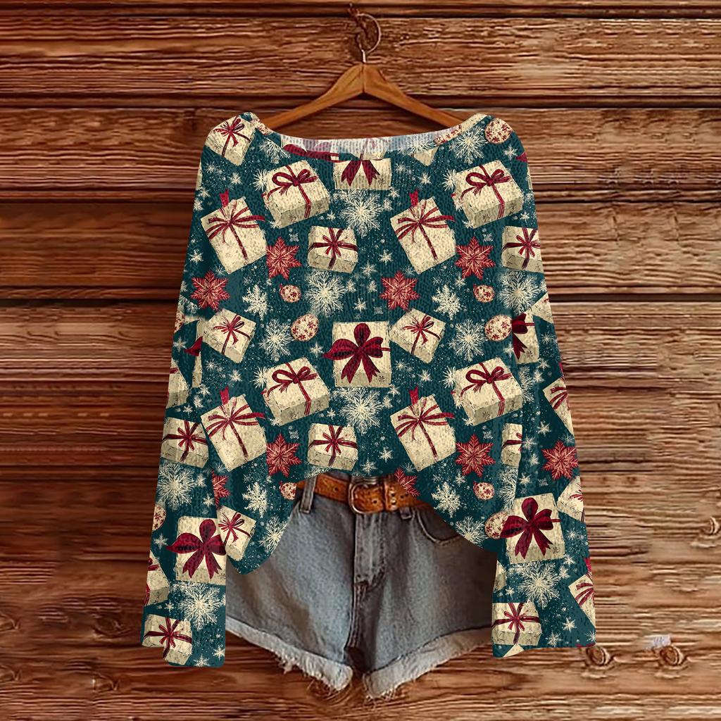 Women's Fashion Christmas Print Lightweight Sweater Casual Long-Sleeve Knit Pullover Top