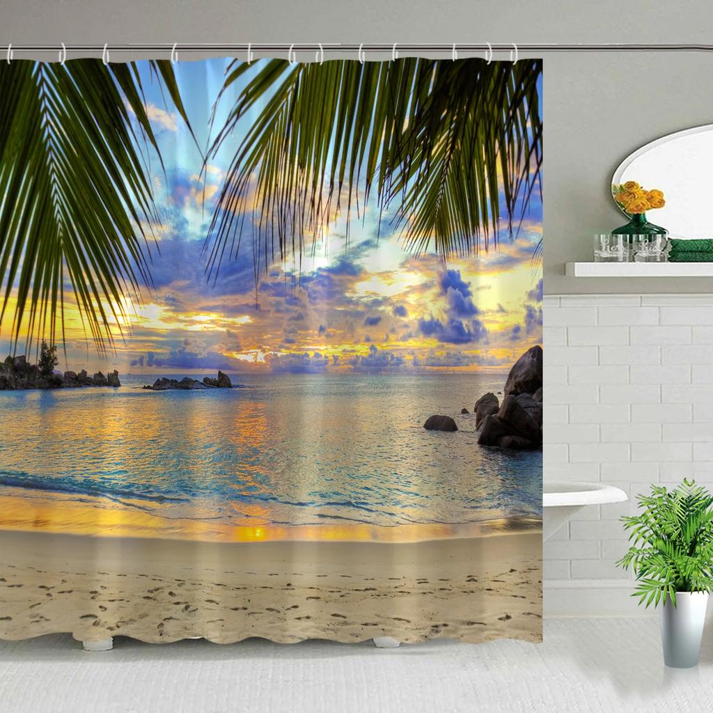 Hawaii Landscape Outdoor Shower Curtain Island Beach Coconut Tropical Ocean Natural Landscape Hanging Curtain Bathroom Decor Set