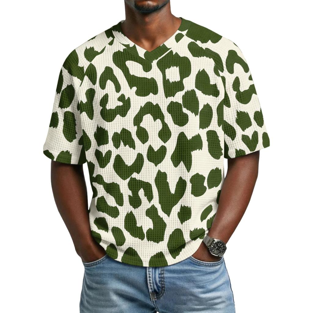 Herren T-Shirt mit Leopardenmuster, Atmungsaktives V-Ausschnitt Kurzarm Oberteil für Herren, Lässiges Mode Sommer T-Shirt