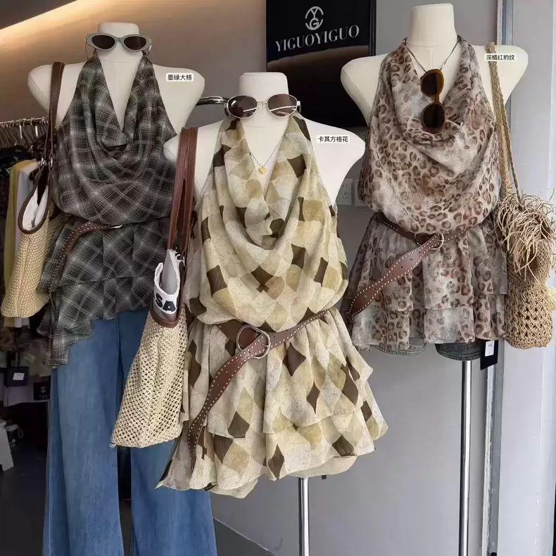 Temperament with Belt Waist Contrasting Color Plaid Hanging Neck Swinging Collar Women's New Summer Design Sense Is Thin