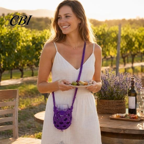 Laccetto Portabicchieri Vivavoce, Manicotto all'Uncinetto per Bicchieri da Vino, con Lunga Tracolla Tubolare Borsa a Tracolla Portatile, per Picnic all'Aperto