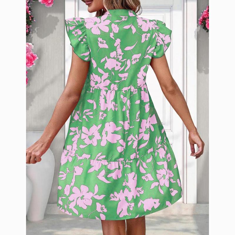 Spring Summer Ruffled Sleeve V-Neck Sexy Dress Women Loose Waist Printed Floral Short Dress Woman Fashion Vintage Elegant Casual Dresses 24515