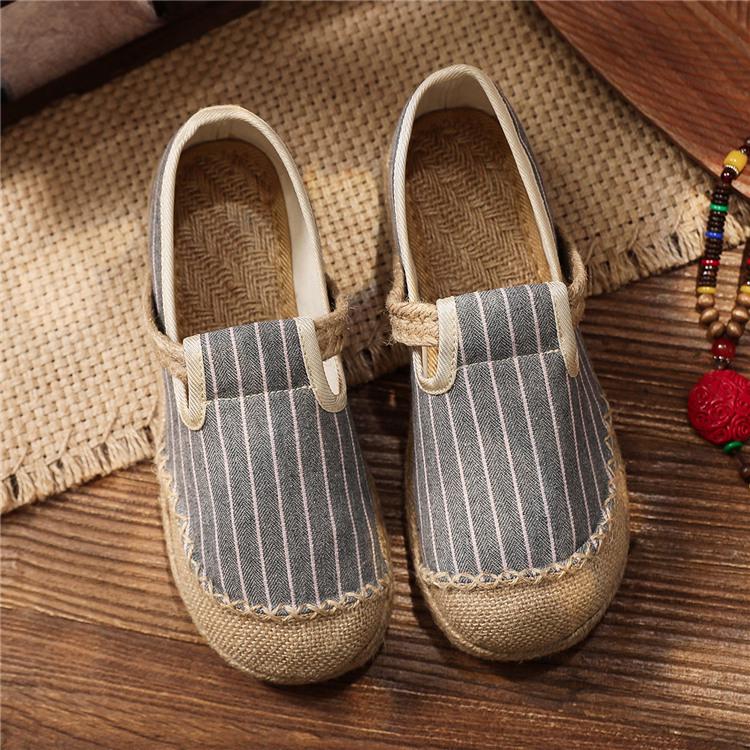 2025 Women’s Trendy Slip-On Shoes: Spring & Fall Vertical Stripe Cotton-Linen, College Style, Round Toe Hemp Design