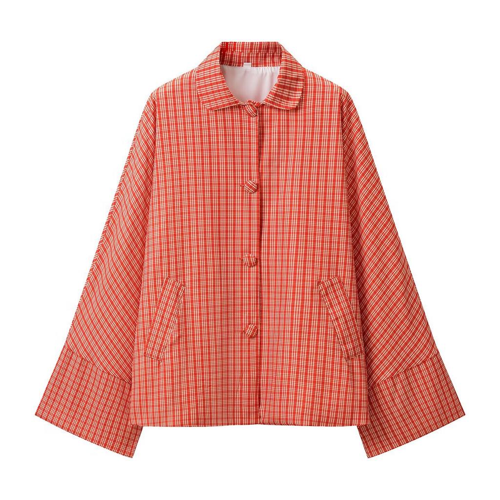 Autumn new, European and American style plaid lapel lace-up cloak splicing loose coat