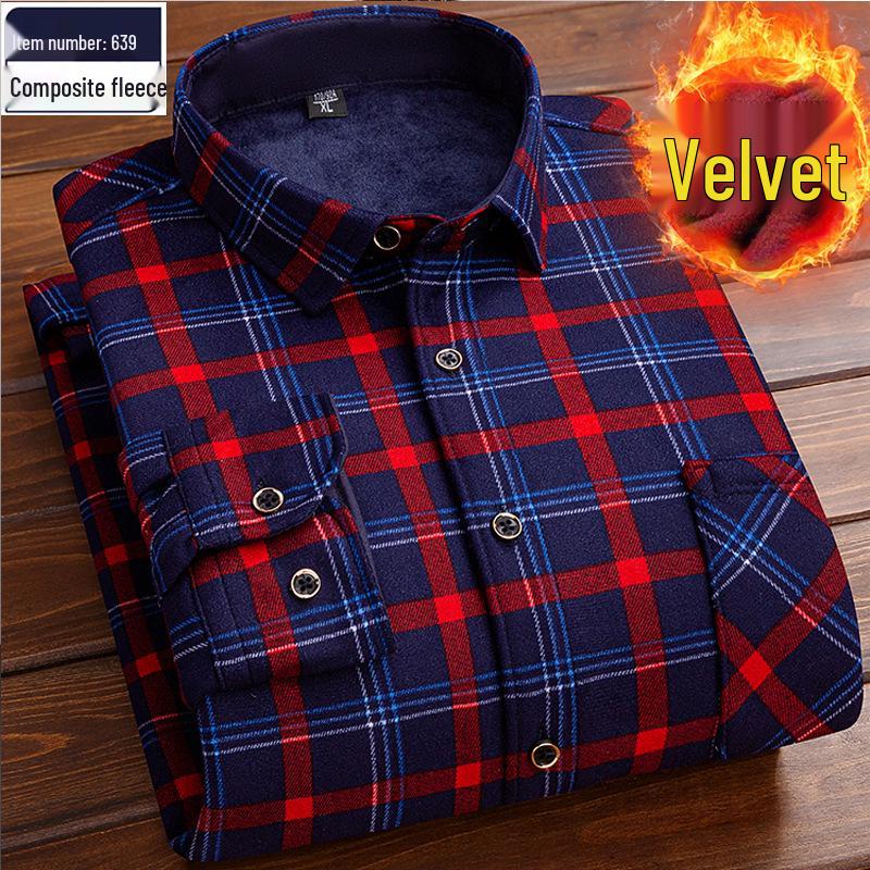 Men's Retro Plaid Fleece-lined Winter Shirt - Thick, Warm, Long-sleeved Casual Top for Middle-aged and Elderly