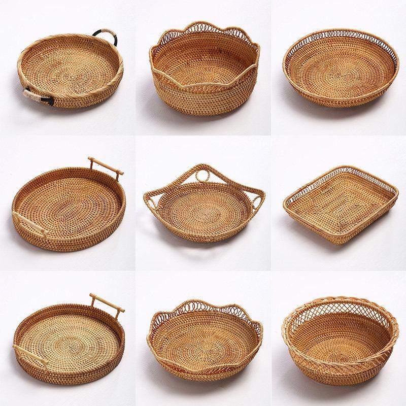 Handwoven Rattan Fruit Bowl Tray - Natural Woven Snack & Bread Serving Basket, Boho Style Tabletop Centerpiece for Kitchen