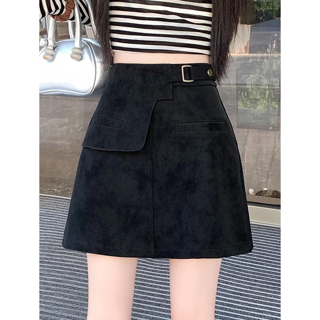 Plus Size Women's Brown Suede A-line High Waist Short Skirt for Spring & Autumn