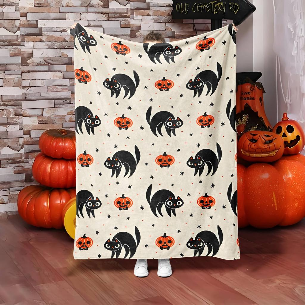 1PC Halloween Throw Blanket Cats Sekeleton Pumpkin Skull Ghost Thin Blanket Gifts for Couch Bed Car Home Camping All Season Use