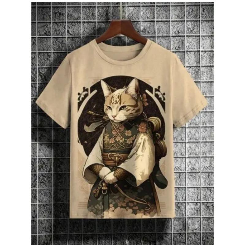 Summer Round Neck 3D Warrior Cat Printed Top Fashionable Casual Short Sleeved Men's T-shirts