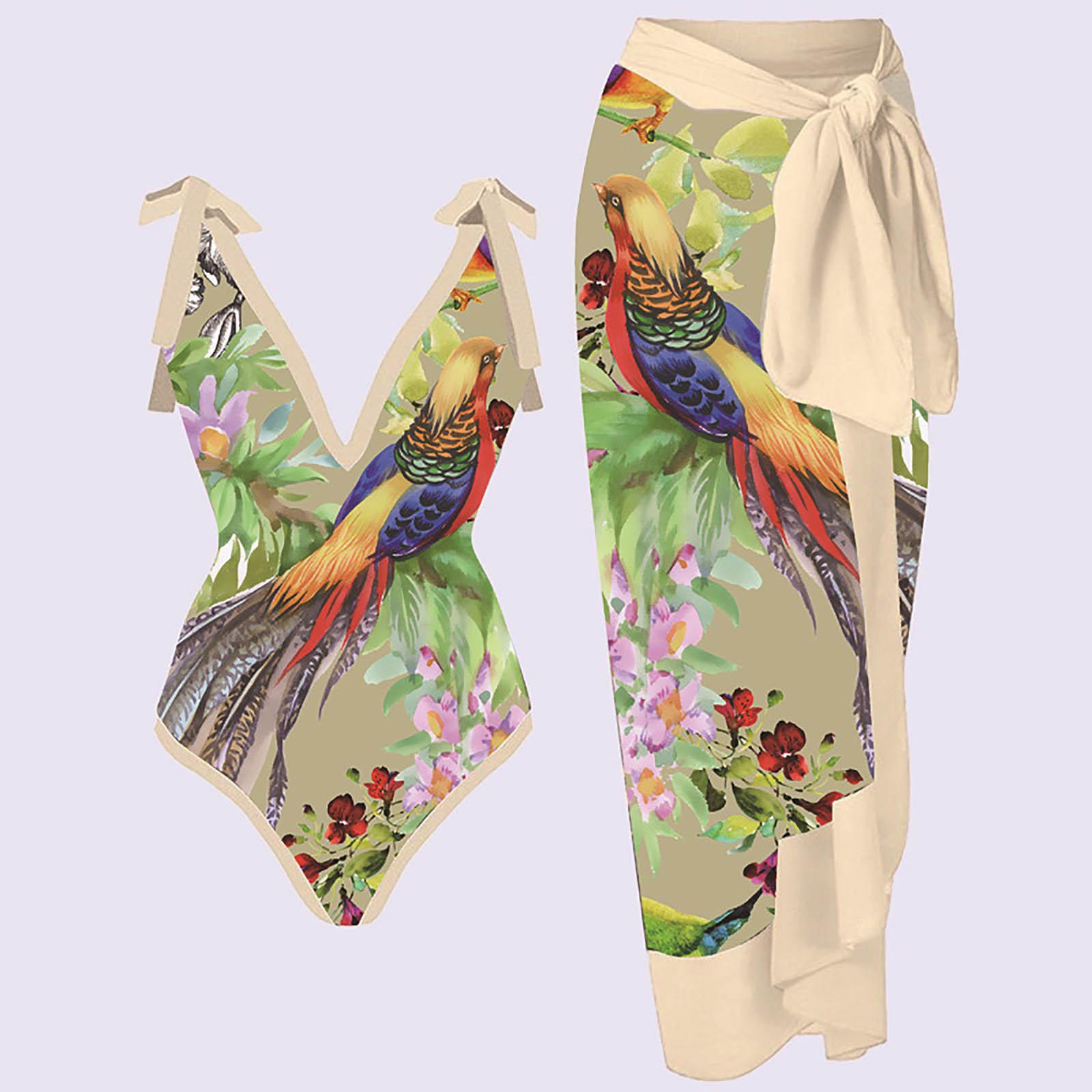 

Женский французский винтажный сексуальный комплект из двух предметов с купальником с принтом и длинной юбкой