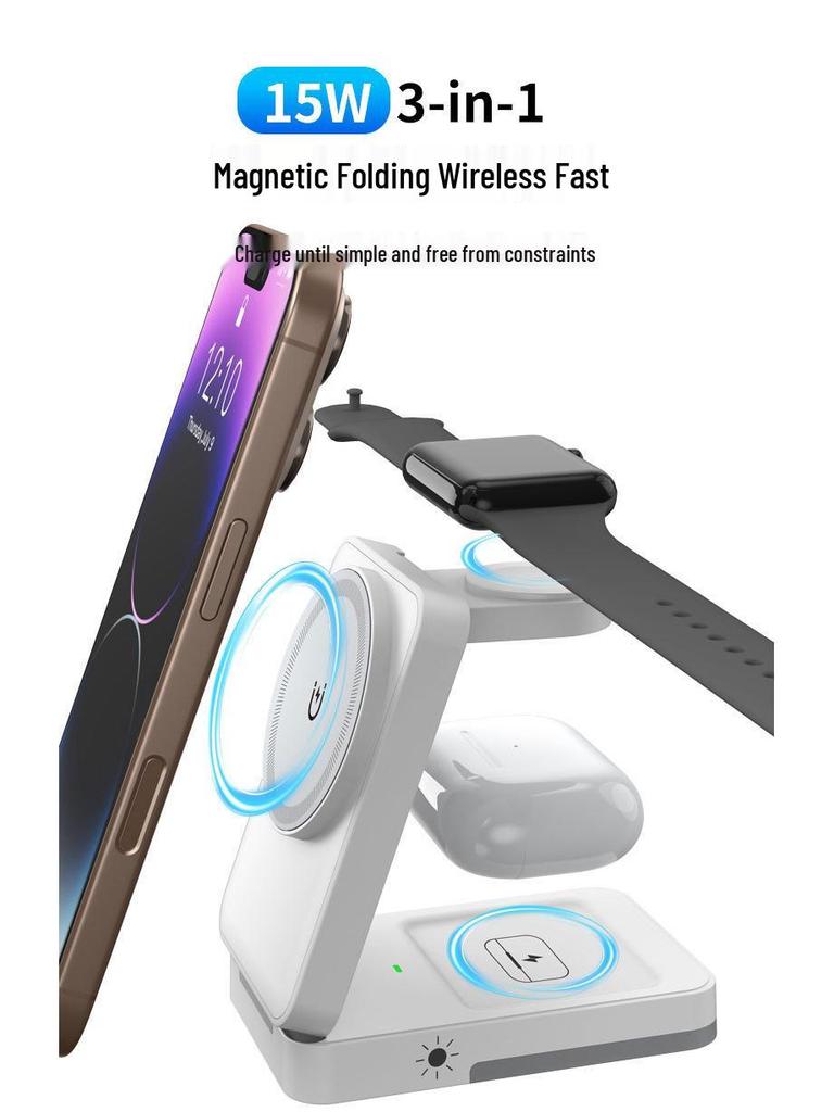 Cross-border 3-in-1 Magnetic Wireless Charger & Folding Phone Stand