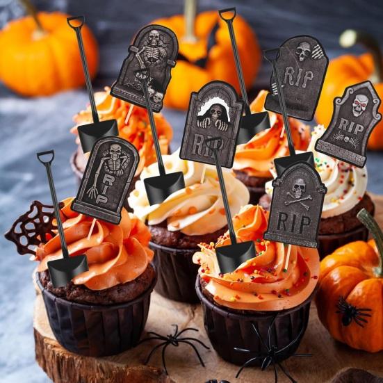48 Pcs Halloween Cupcake Toppers Tombstones Graveyard Cake Decorations with Mini Shovel Spoons for Halloween Birthday Party Supplies