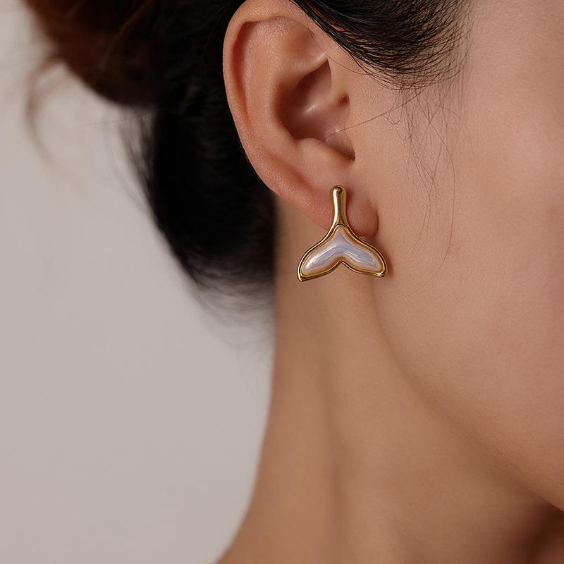 DIEYURO 316L Stainless Steel Golden Inlay Fish Tail Heart Pearl French Earrings Lady New Trend Earbob Jewelry Glamorou