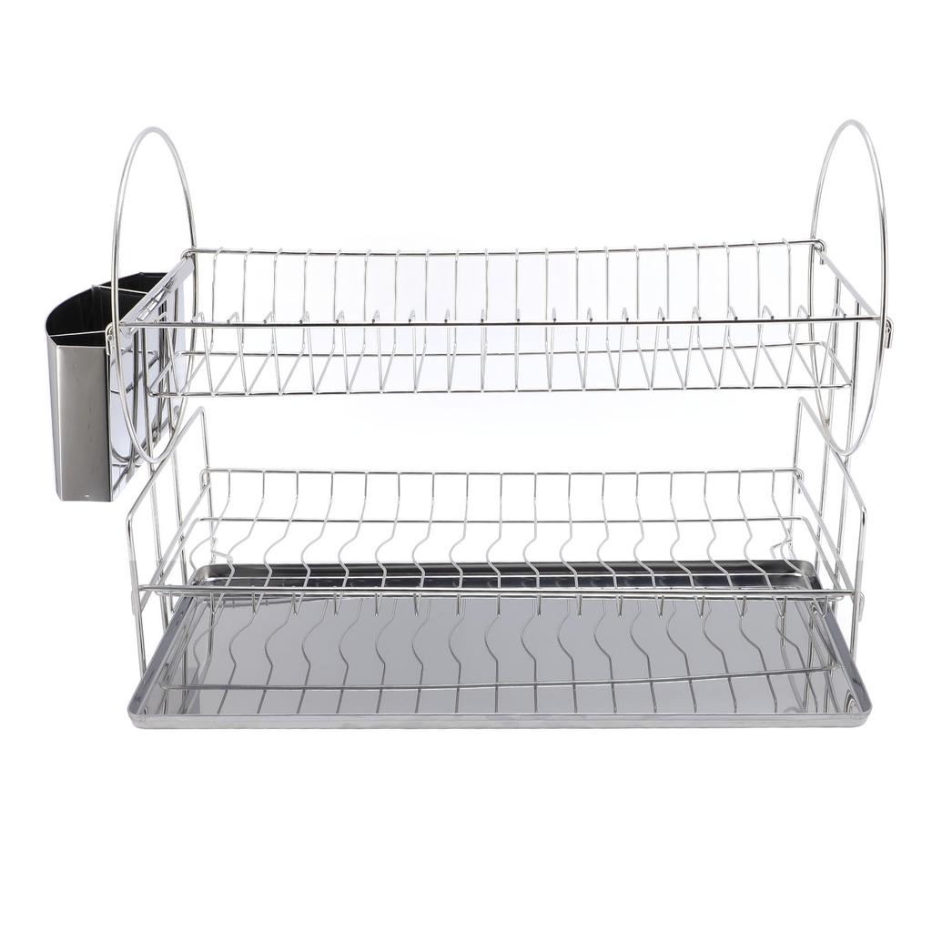 2 Tier Dish Drying Rack Stainless Steel Double Layers Dish Drainer with Cutlery Holder for Kitchen Storage