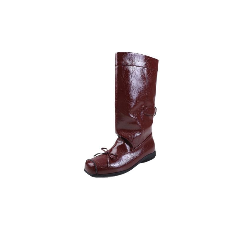 New square head bow pig nose mid boots 2025 autumn and winter new Spice Girl fashion versatile thick heel knight boots