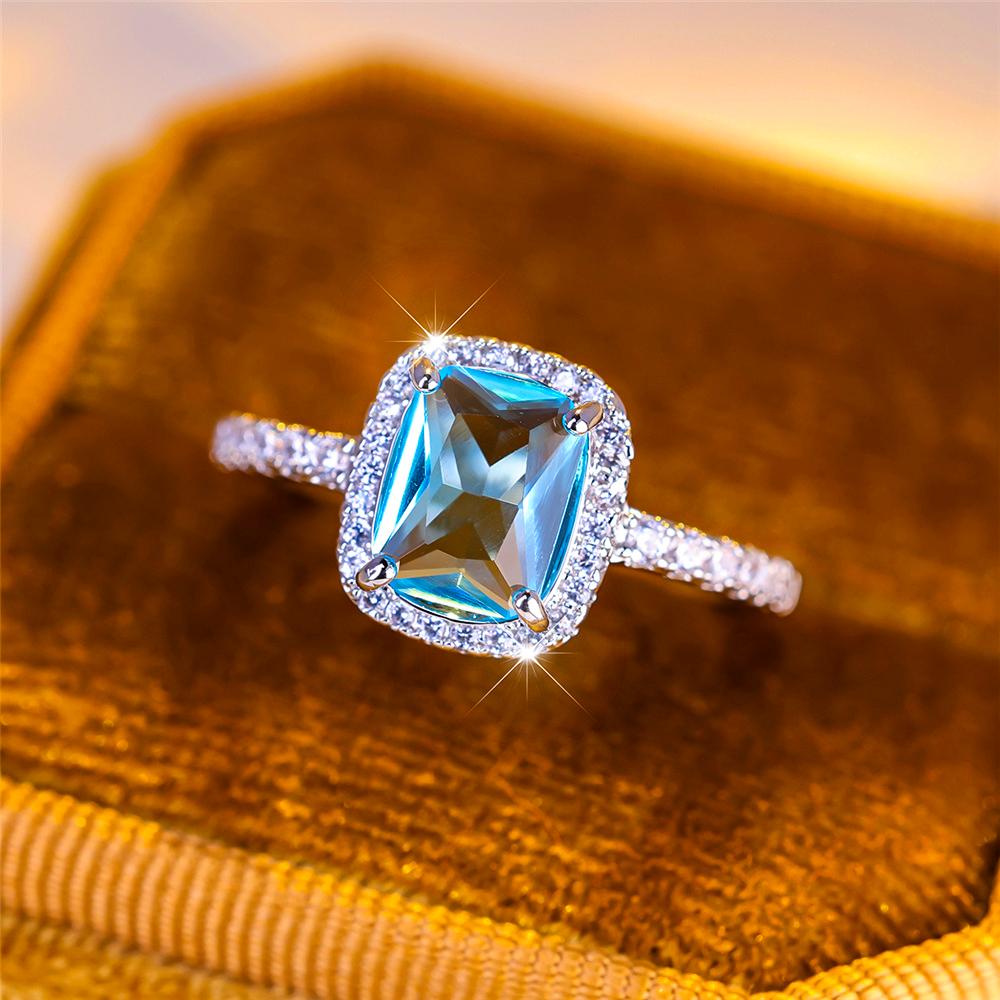 Luxury Female Light Blue Zircon Stone Engagement Ring Charm Silver Color Wedding Jewelry For Women