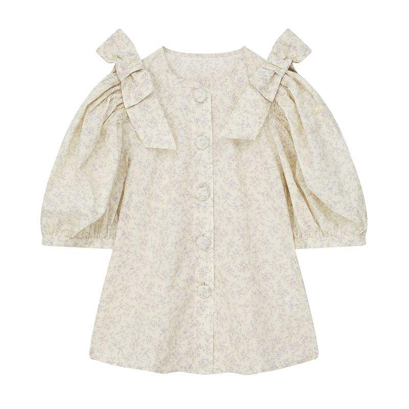Ladies' Floral Shirt Women's Puff Sleeve Design Round Neck Blouses Summer New Female Korean Version Versatile Loose Top