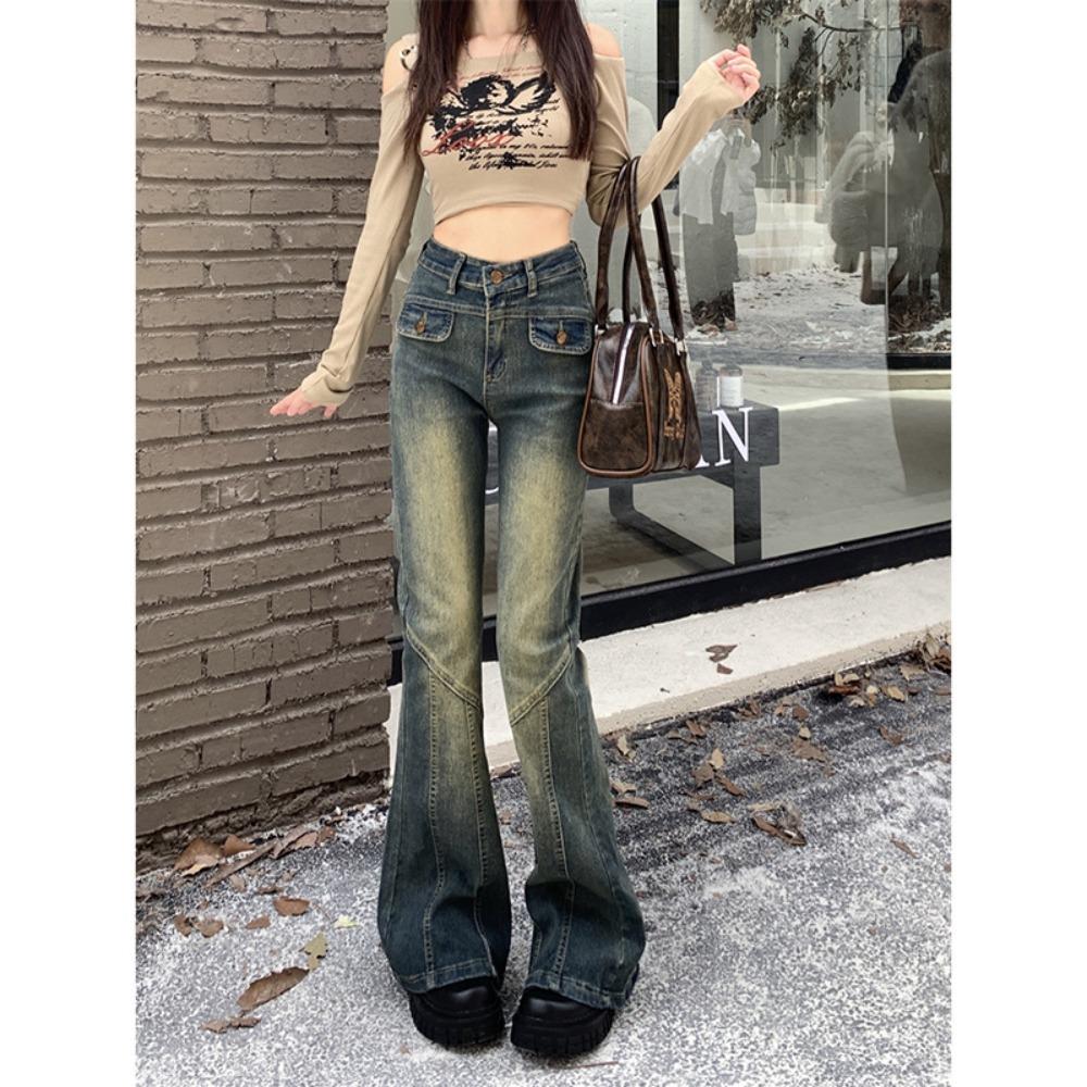 Spice girl American retro niche jeans women's autumn slim slim slim slim pants high waist wide leg pants ins