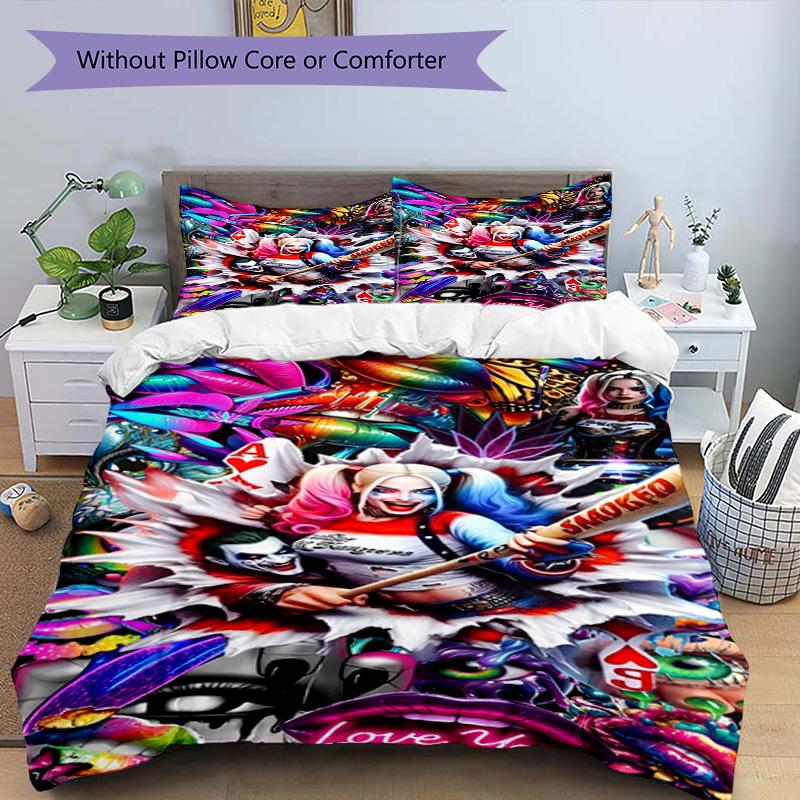 3pcs Duvet Cover Set (1*Duvet Cover + 2*Pillowcase, Without Core), Harley Quinn Joker Print Bedding Set, Bedroom Decor, All‑Season, Birthday Gift