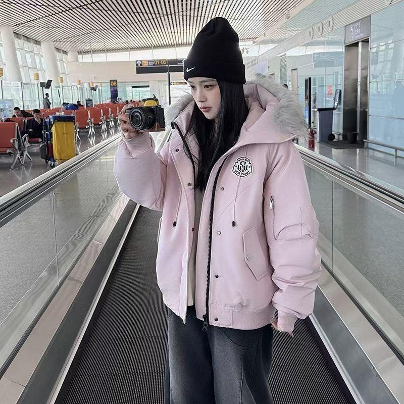 Jin Fur Collar Hooded Down Cotton Jacket Women's Winter New Thickened Cotton Warm Loose Pie Overcome