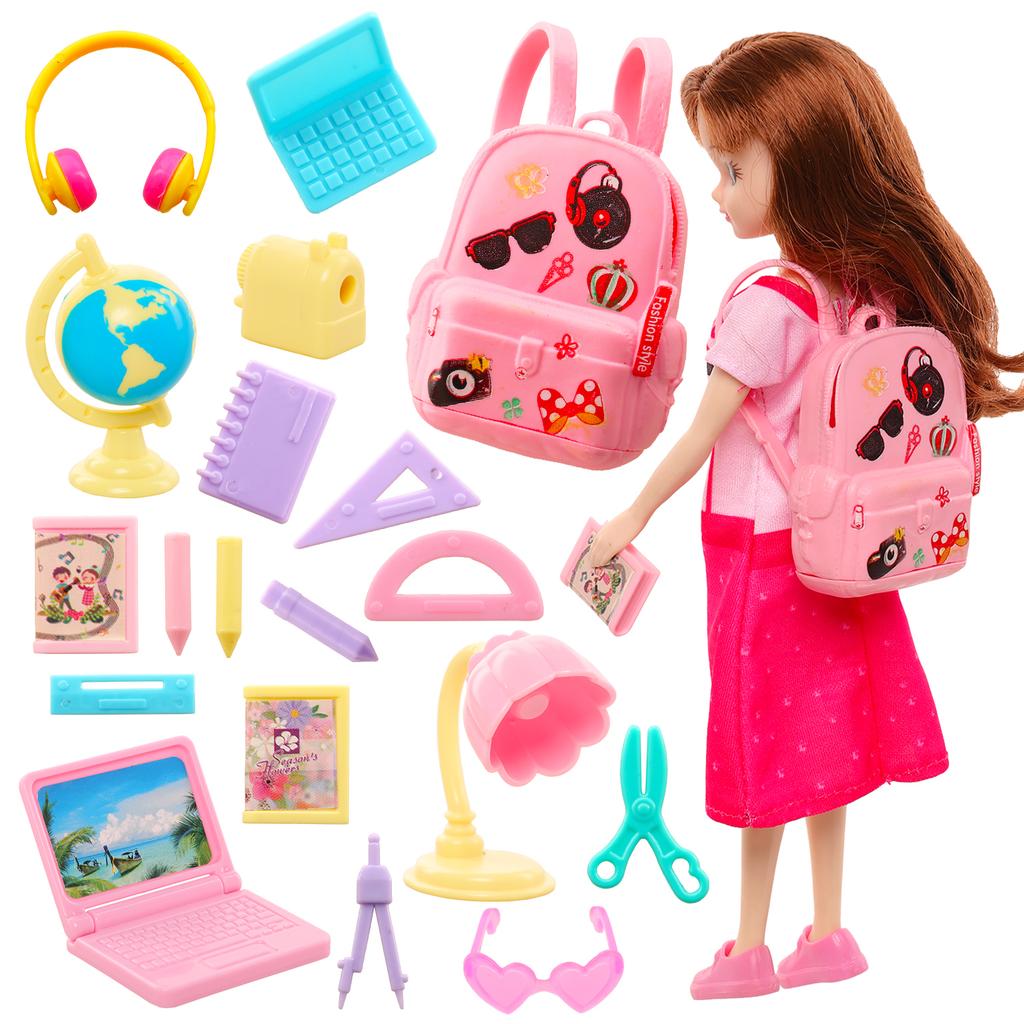 Cute Miniature Dollhouse Study Accessories for Doll 18 Items Mini Laptop Ruler Globe Pencil Table Lamp for Barbie Kids Toys