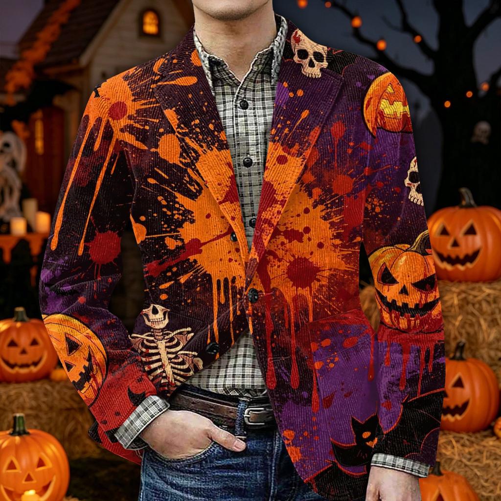 Men's Halloween Print Corduroy Warm Blazer Jacket with Pockets Casual Suit Coat Button Front Long Sleeve Outerwear