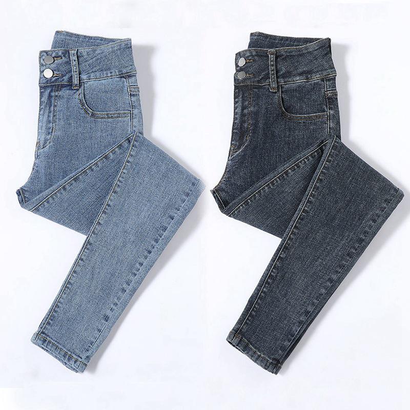 Women's High Waist Elastic Denim Skinny Pants - Double Button Pencil Style for Spring, Autumn, Winter