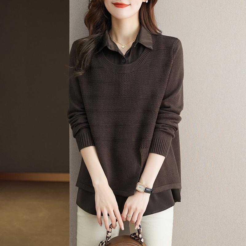 Korean Fake Two-piece Shirt Knitted Women's Spring Autumn Fashion Loose Sweater Bottoming Shirt Female Knitwear Tops