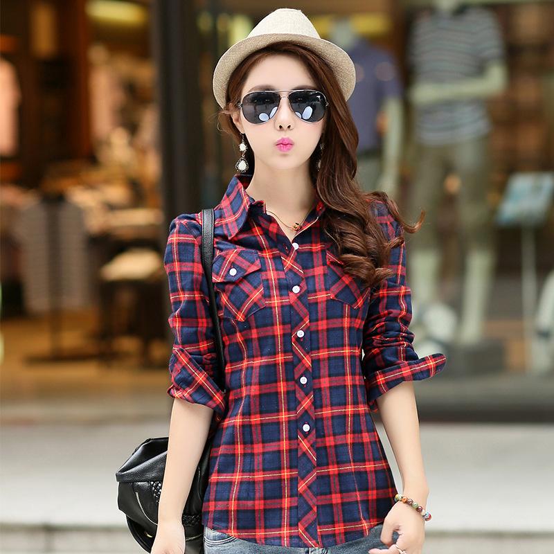 New Cotton Women's Shirts Grid Plus Size M-5XL Blouse Shirt Casual Long Sleeve Checkered Shirt  Turn-down Collar Streetwear