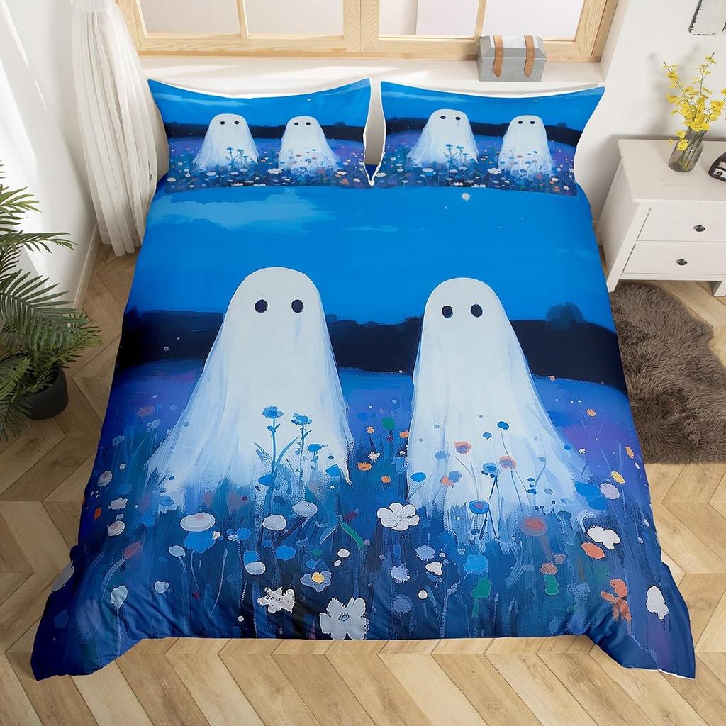 Cartoon Ghost Pink Duvet Cover Cute Black Cat Pet Animal Kitten Quilt Cover Happy Halloween Theme Bedding Set with 2 Pillowcases