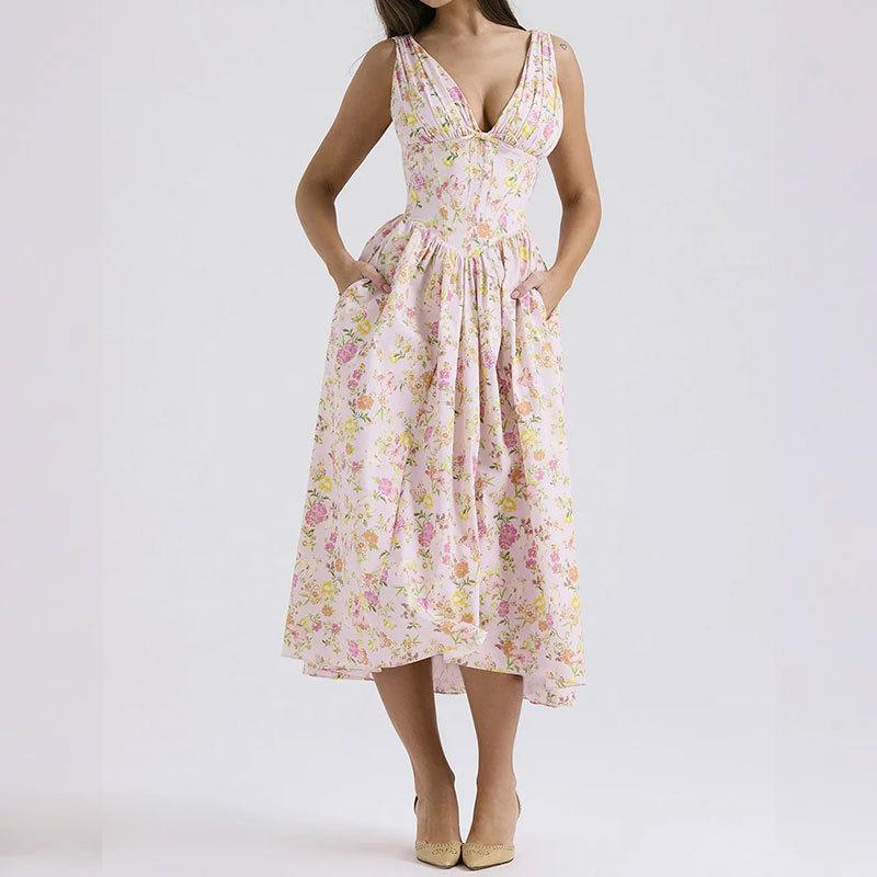 Women's clothing, new spring models in Europe and America, elegant temperament printed V-neck suspender long dress dress