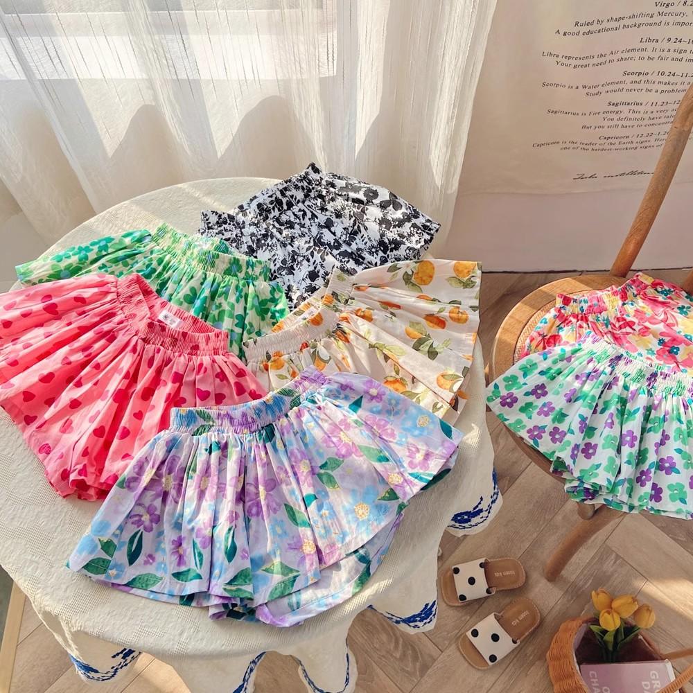 Summer Floral Print Shorts for Girls Pantskirt Kids Tutu Shorts Loose Leg Pants Girls Pleated Culotte Children Clothes