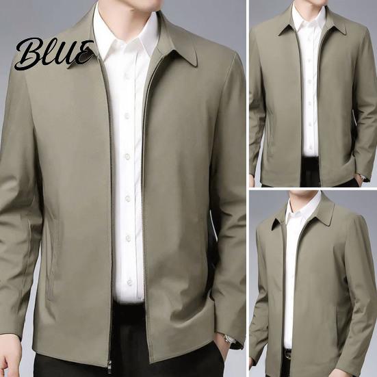 Zip Up Men Coat Jacket Lapel Solid Color Mid-aged Elderly Long Sleeve Zipper